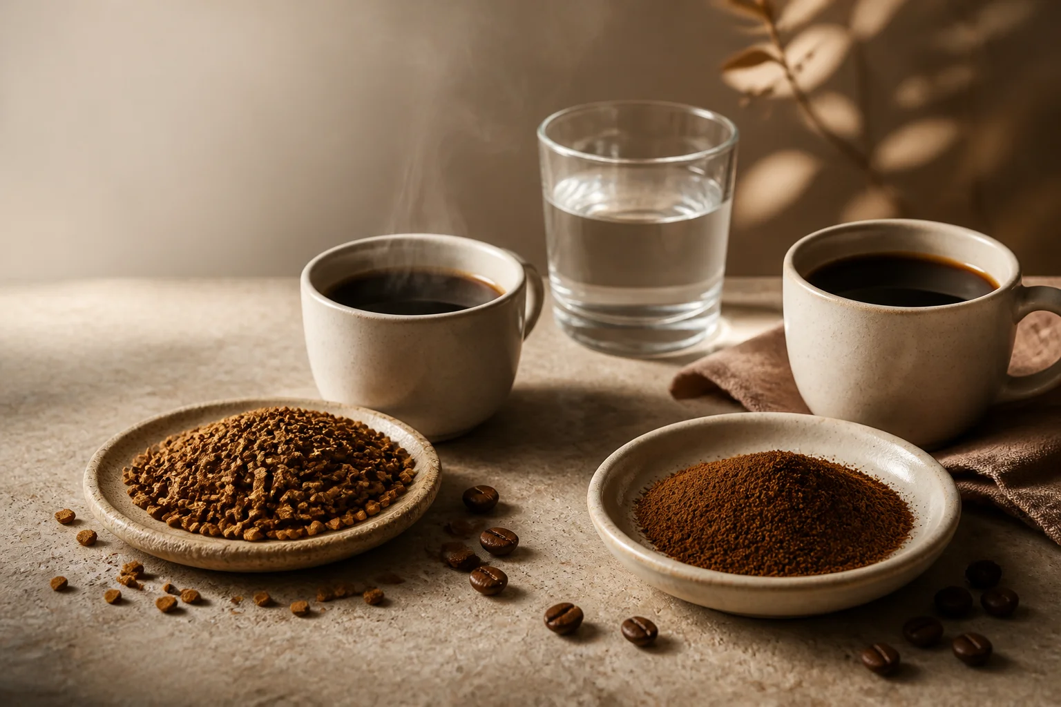 Freeze-dried coffee crystals and spray-dried coffee powder displayed beside two cups of instant coffee for a comparison guide
