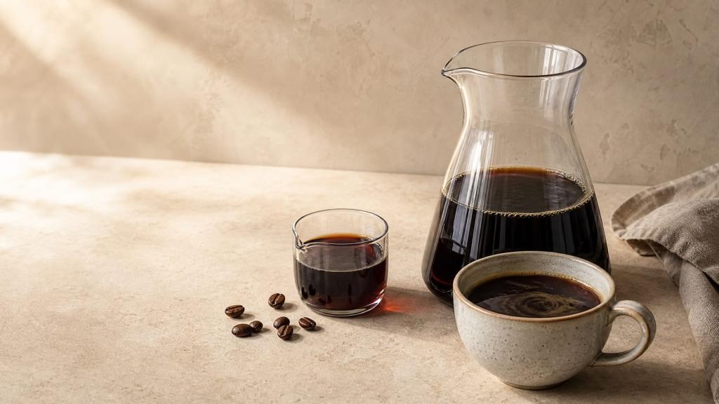 Editorial still life showing liquid coffee concentrate in a glass carafe beside a serving glass and a brewed coffee cup.