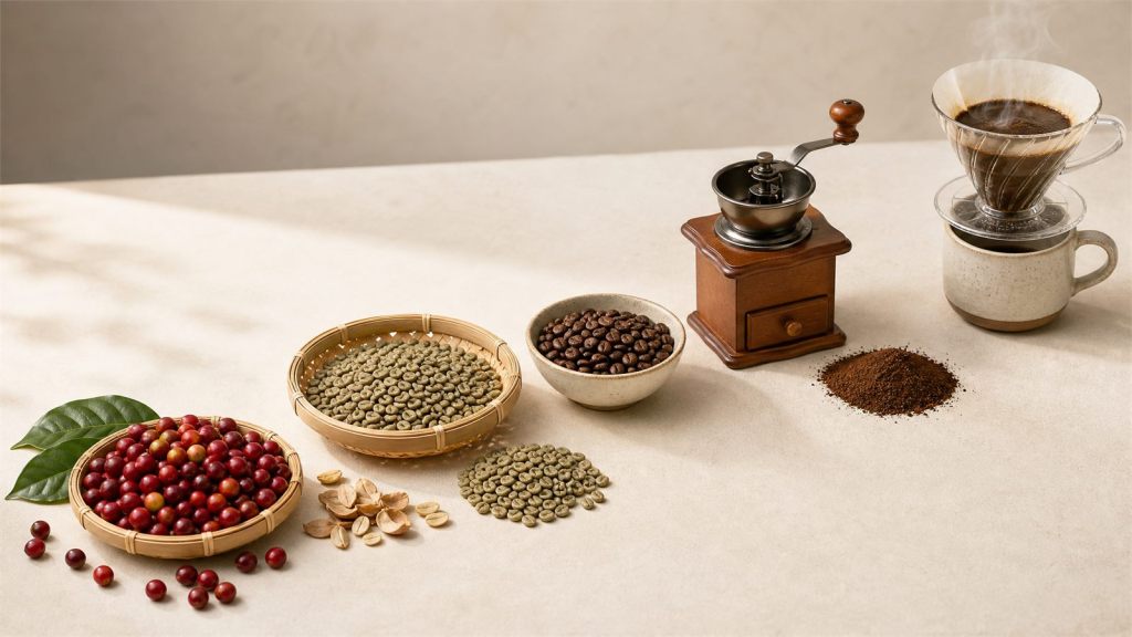 An arrangement showcasing coffee beans at various stages: red berries, green coffee beans, roasted beans, ground coffee, and a brewing setup with a coffee grinder and a cup of brewed coffee.