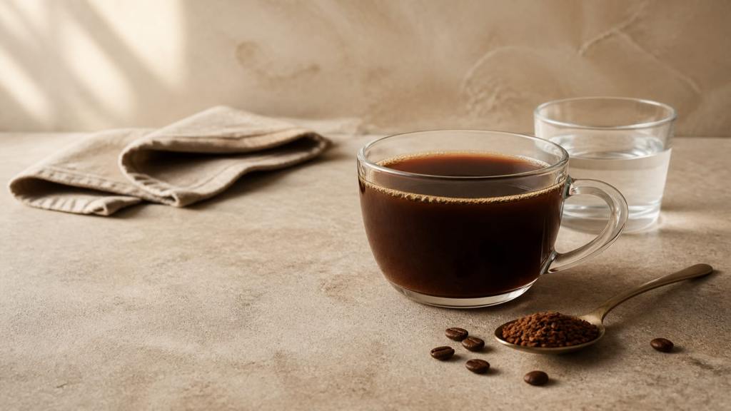 A cup of instant coffee, soluble coffee granules, and a single-serve sachet on a warm neutral tabletop