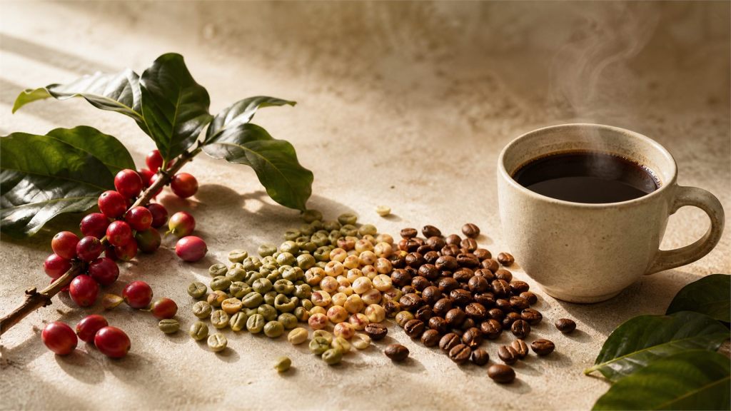 A cup of black coffee sits beside raw coffee beans, green unroasted coffee beans, and coffee cherries with green leaves on a textured surface.